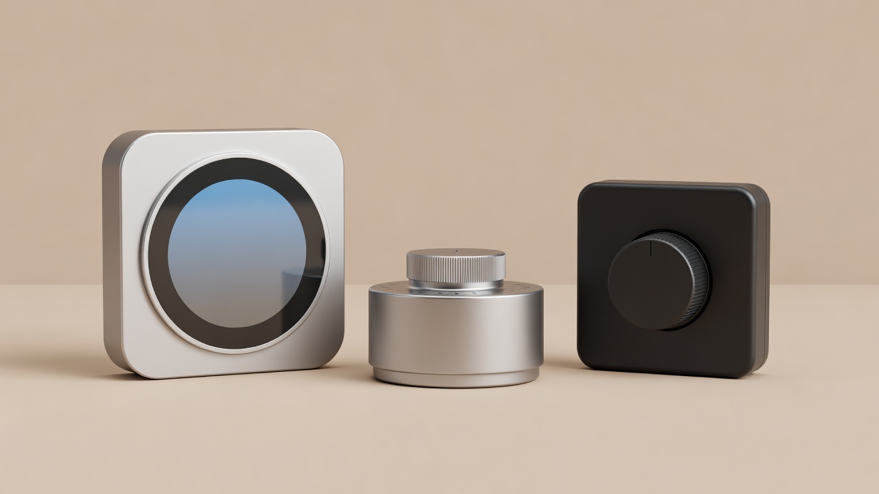 Soft-lit 3D render of a thermostat, timer, and simple building control dial on a plain warm background