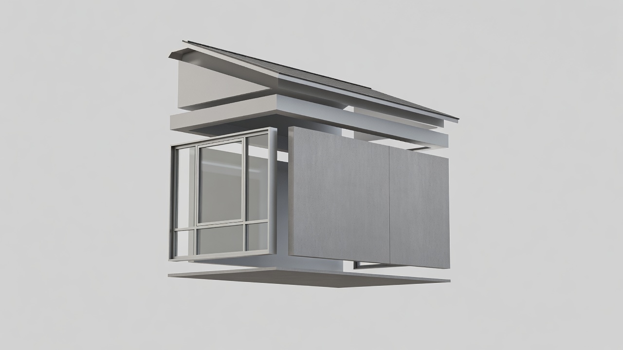 Soft-lit 3D render of a business building facade with window, wall, and roof layers on a plain background