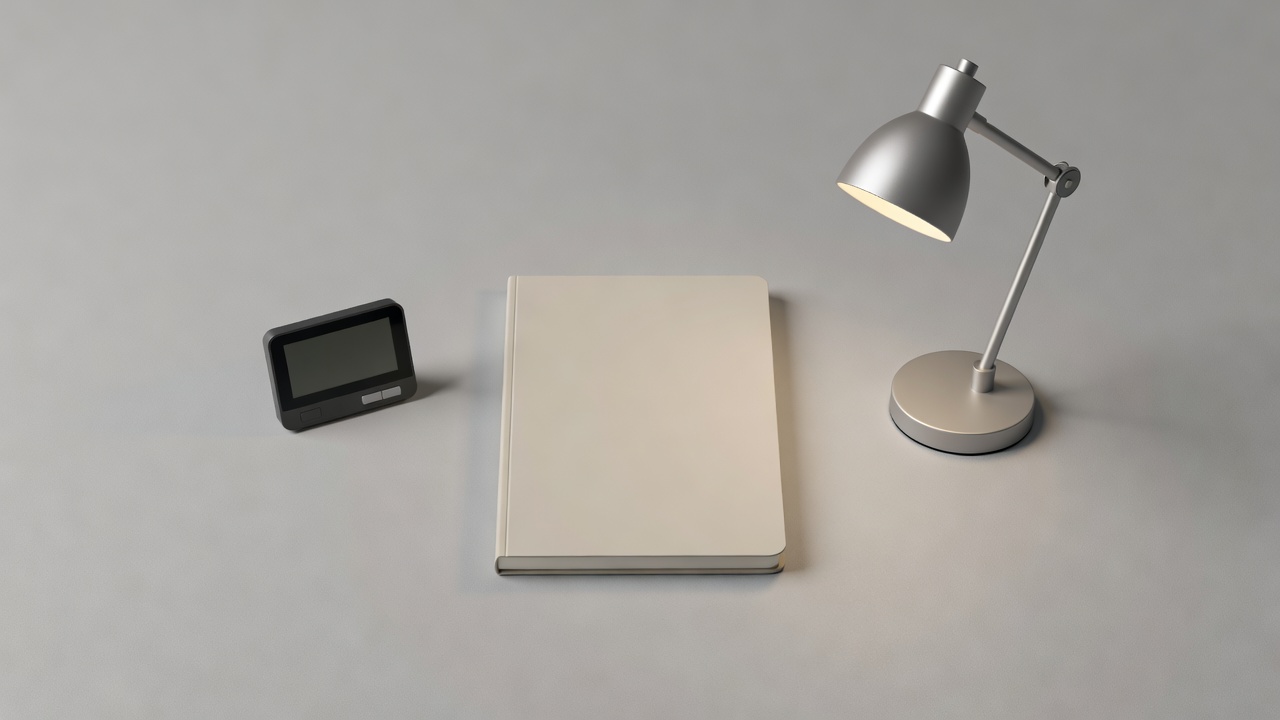 Soft-lit 3D render of a simple planning notebook, small meter, and energy-efficient lamp arranged on a plain surface