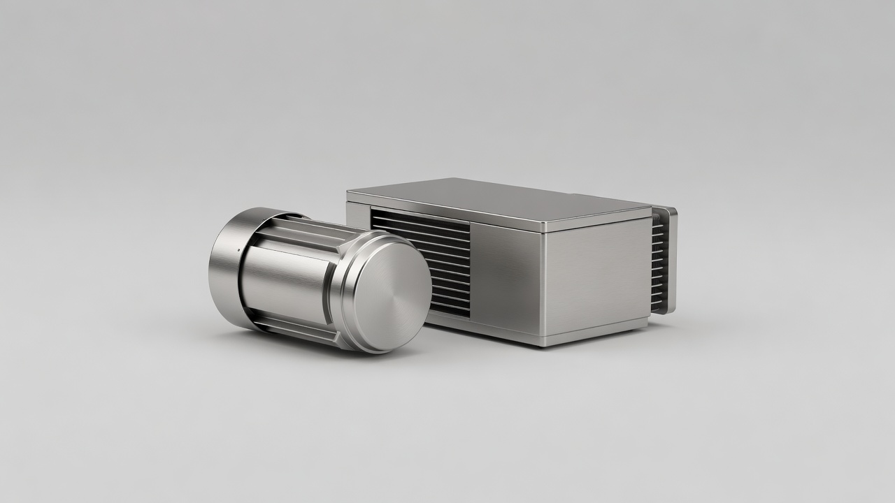 Soft-lit 3D render of efficient commercial equipment including a compact motor and refrigeration unit on a plain background